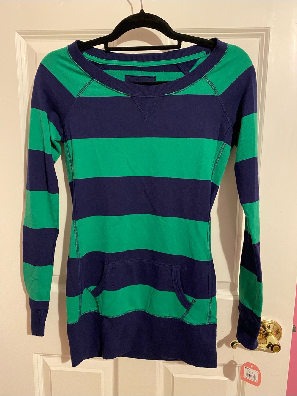 So navy blue green knit sweater with pocket, size XS